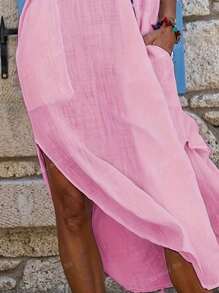 Einfarbiges, elegantes, boho-artiges Gewebe, mit Taschen und Knöpfen, Langarm-Lässig-Kleid, Frühling/Sommer