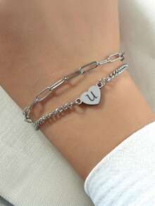 1 件朋克风格 26 字母不锈钢串珠女士/情侣手链，适合女性和情侣休闲日常佩戴 - 銀色 - 查看 18