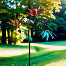 Large Stainless Steel Wind Up Metal Flower Butterfly Windmill - 3 Rotating Colourful Flowers & Butterflies, Weather Resistant Outdoor Patio Art Decoration For Deck, Patio, Patio Decoration, Whimsical Designs