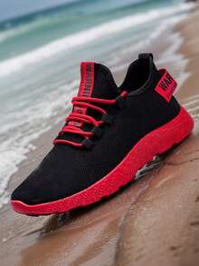 1 Đôi giày chạy bộ nam nhẹ, thoáng khí, co giãn, có dây buộc trang trí phía trước, họa tiết quai ngang ngẫu nhiên/không đối xứng - Đỏ - Xem 5