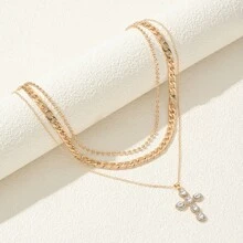 1pc Fashionable Versatile Vintage Gold Metal Inlaid Crystal Cross Pendant Necklace, Suitable For Women For Daily Wear, Festivals, Holidays, Dates, Valentine's Day