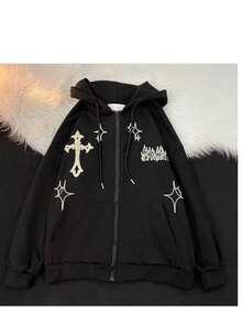 Men's And Women's Streetwear Cross-Stitch Zipper Hooded Sweatshirt, Retro Y2K Skeleton Spider Pattern Hooded Sweatshirt, Black Hooded Sports Shirt  Letter  Star    Casual    Pocket  Drawstring  Zipper    Home - 黑色 - 查看 2