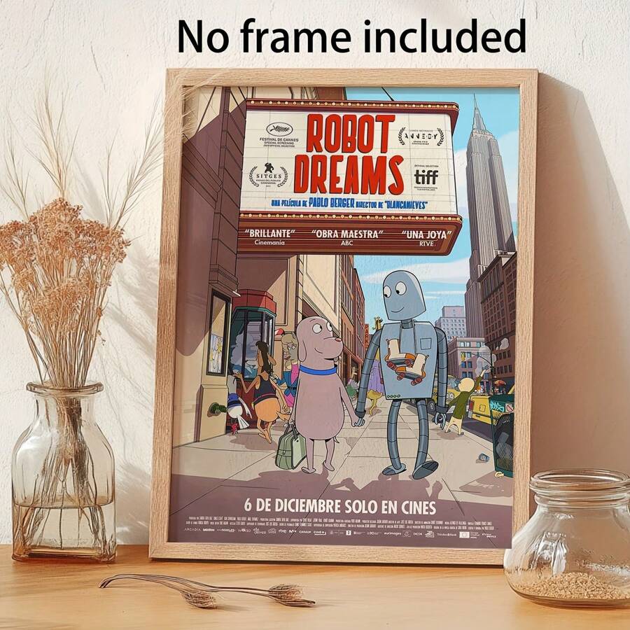 Pintura decorativa en lienzo sin marco de la amistad entre un robot y un perro, escena urbana vibrante con acentos festivos, perfecta como regalo de Navidad para la sala de estar o el dormitorio