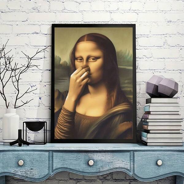 Unframed Mona Lisa Bathroom Wall Art - Humorous Vintage Poster With Leonardo Da Vinci Inspired Design, Covering Her Nose, Perfect For Restroom Decor, Bathroom Decor And Accessories