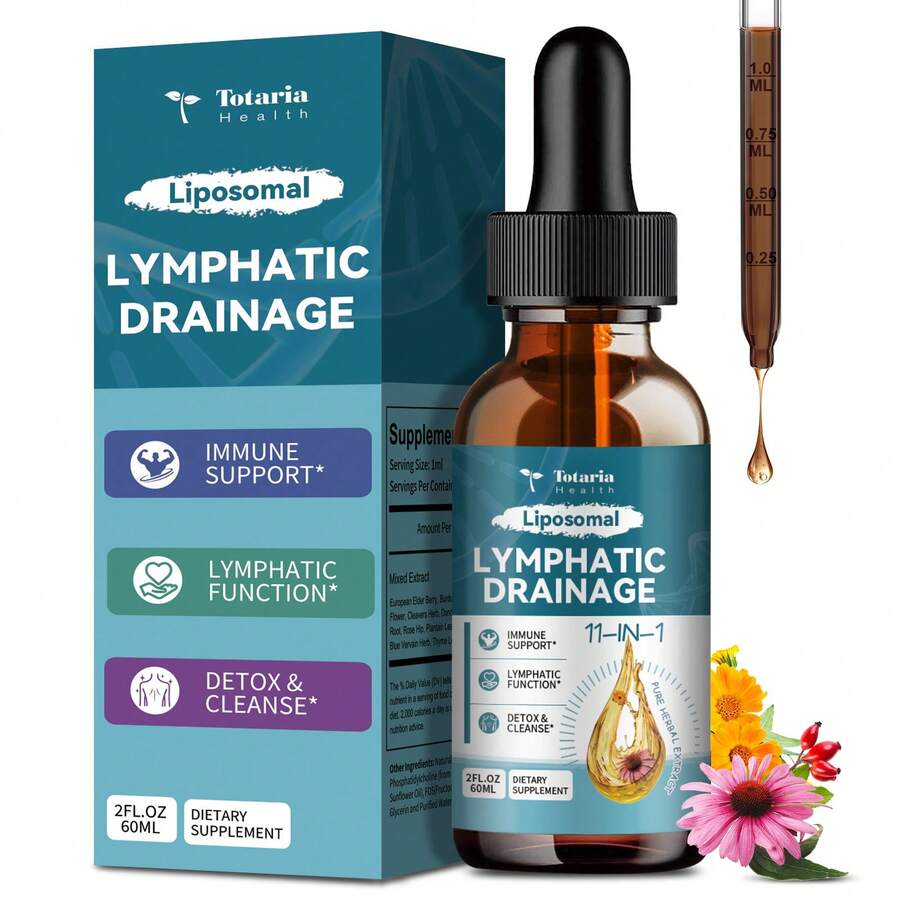 TOTARIA Liposomal Lymphatic Drainage Drops - 11 In 1 Organic Lymphatic Drainage Supplement With Burdock Root, Echinacea, Elderberry, Calendula, Cleavers Herb, Dandelion Supports Lymphatic Health 2 FL.OZ - Raspberry Flavor - 查看 1