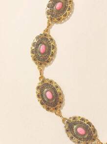 Vintage Oval Embossed Faux Antique Silver Metal Waist Chain Belt, Versatile Waist Decoration For Dress & Pants