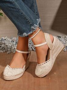 Women's Breathable Snap Button Cross Absorb Sweat Comfortable Linen Rope Fashionable Lightweight Wedge Shoes