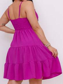 Women's Midi Dress With Straps In Duna Fabric, Loose And Lined - 玫瑰紅 - 查看 3