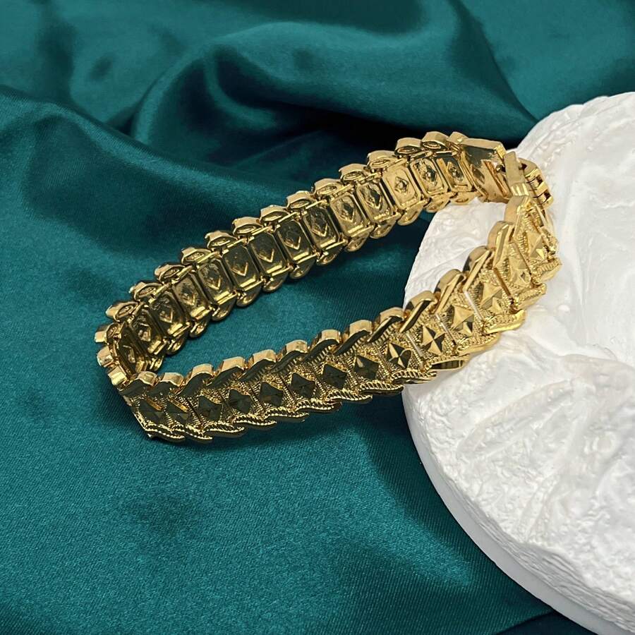 925 Sterling Silver, Gold-Plated Wide Wristband, Ideal Valentine's Day Gift, Italian Craftsmanship, Suitable For Daily Wear, Hip-Hop Style Fashionable And Simple, Exquisite Gift Box - 20cm/8in - 查看 1