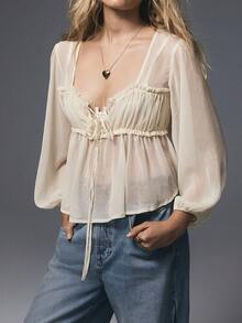 Women's Flowy Bow Front Tie Top Y2k Coquette Long Sleeve Peplum Lace Trim Chiffon Shirt Sheer V Neck Boho Ruffle Beach Blouse Going Out Tops - 米色 - 查看 2