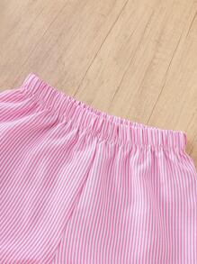 Girls Sleeveless Striped Ruffled Bow Tank Top + Striped Shorts 2Pcs Set, Summer