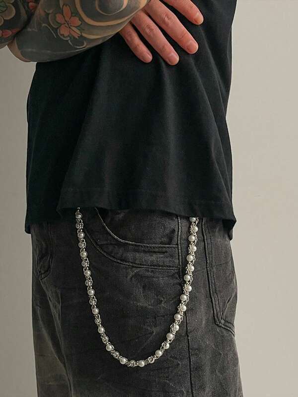 1pc Personalized Men's Faux Faux Pearl Wrapped Pants Chain, Fashionable Men's Clothing Chain, Hip-Hop Goth Punk Style