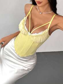 Camisola estilo verão INS com aro em malha de cor doce e renda contrastante, regata sem costas de alta qualidade
