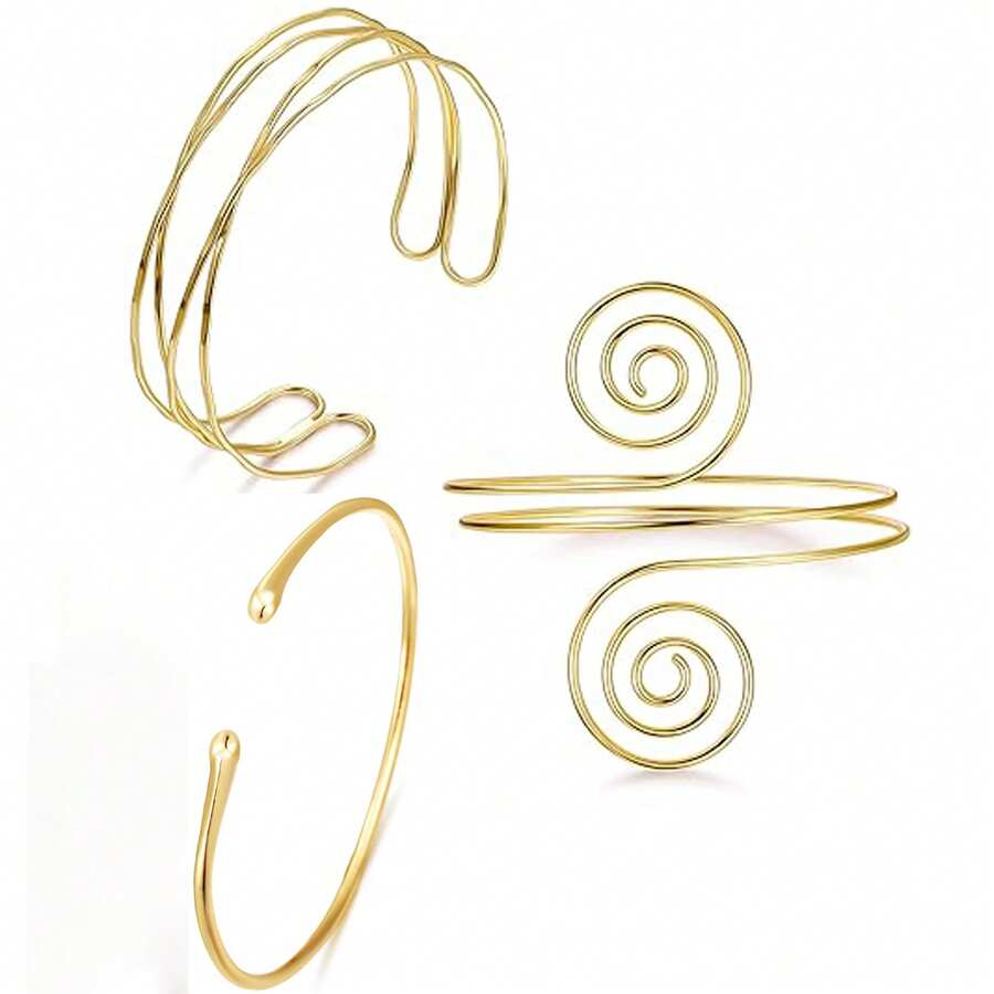 3Pcs Arm Cuff For Women Open Upper Arm Cuff Bangle Armlet Gold Silver Adjustable Armband Arm Bracelet Set - Gold - View 1