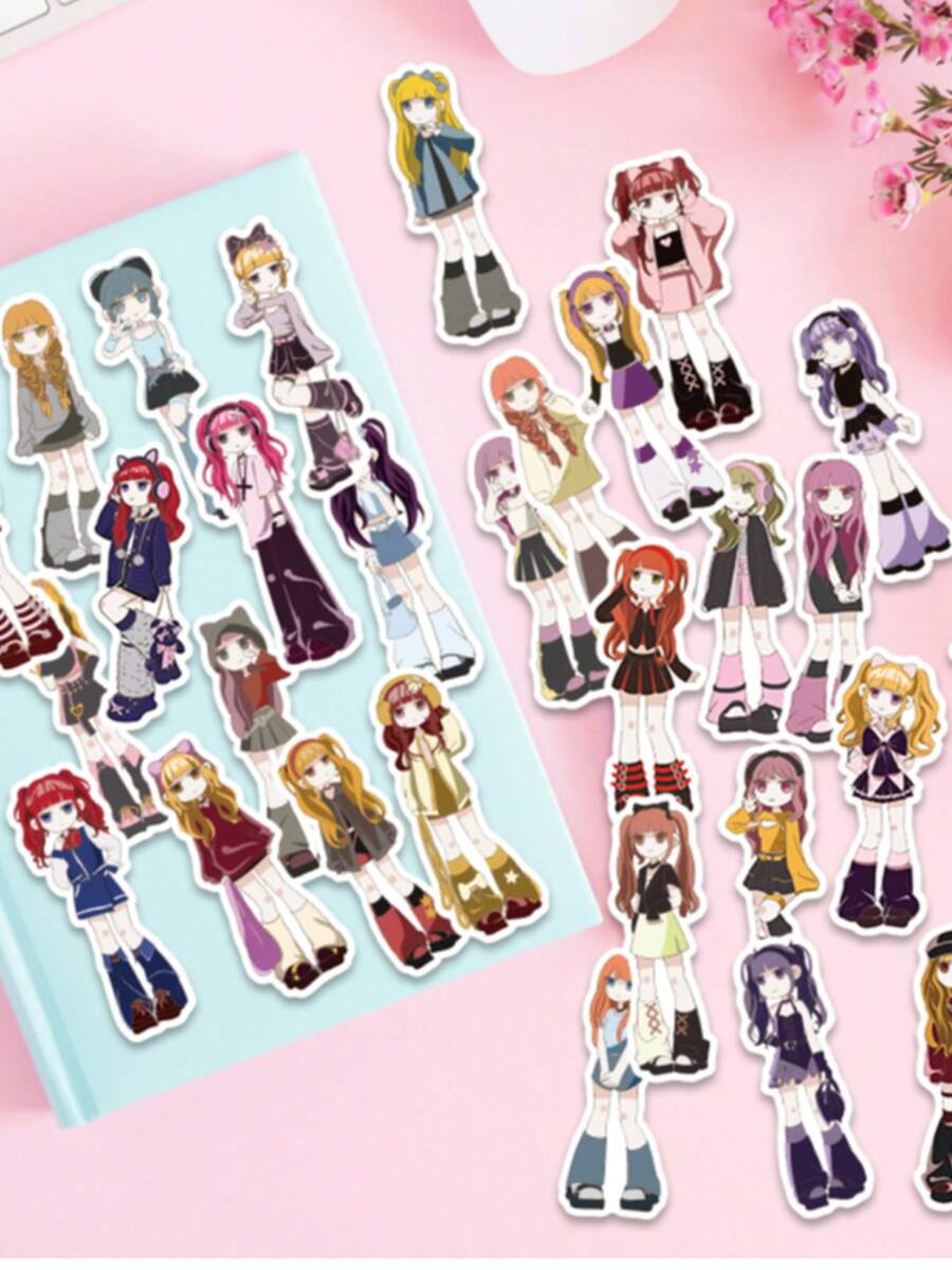 50 件卡通女孩贴纸装饰相框、储物盒、DIY 手机壳、笔记本电脑、日记本、节日礼物、彩色自粘贴纸学校用品、返校