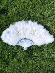 1PC Elegant Pearl Decorative Bridal Feather Fan,White Bride Fan Bride Faux Pearl&English Letter Decor White Folding Fan,Large-Size Handheld Fan For Bachelorette Party&Wedding Decoration,Sweet,Romantic&Beautiful Wedding Gift Wedding Decoration(The Fan Cannot Be Folded) - Multicolor - View 5