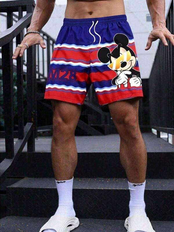 Disney Men's Striped Cartoon Print Drawstring Shorts, Suitable For Summer