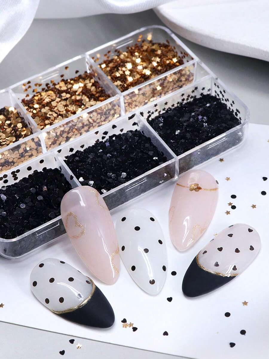 6格 1mm 黑金色美甲亮粉，迷你星星、愛心、圓形美甲亮粉 DIY 樹脂美甲飾品 美甲配件 美甲用品 美甲裝飾