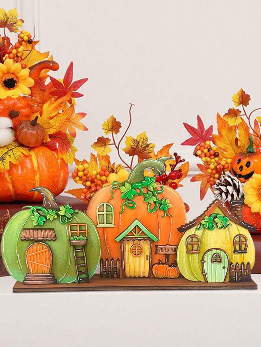 1 set 2D Maison de citrouille d'automne, panneau de table en bois, ornementation rustique en bois de mini citrouilles pour la récolte, la Thanksgiving, la décoration de la maison, de l'hôtel, du magasin, du bar et du marché - Multicolore - Voir 1