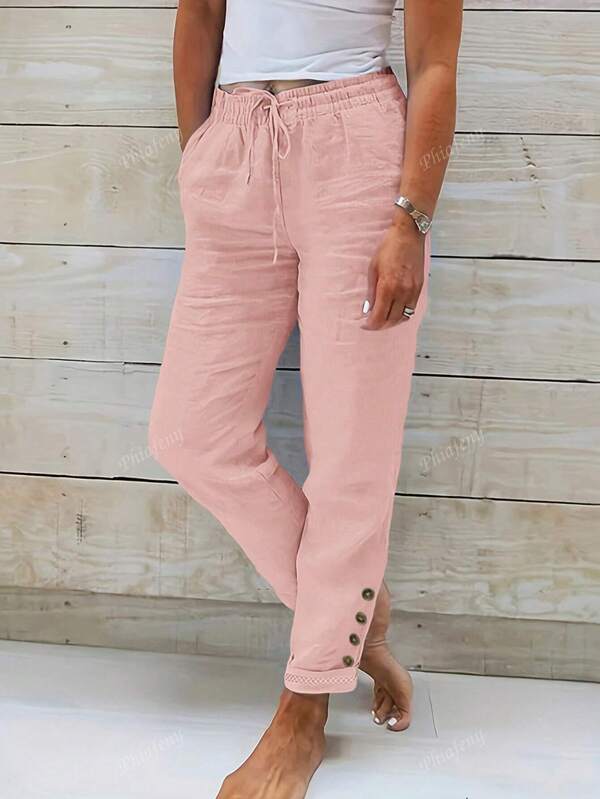 Solid Color Casual Drawstring Waist Cone Pants With Oblique Pockets & Button Decor, Everyday Casual