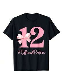12 Official Pre-Teen 12th Birthday Girl Coquette 12 Year Old T-Shirt Women Unisex Men S Cotton Short Sleeve T-Shirt, Perfect For Summer Adventures, 100% Soft Fabric, Ideal For Sports, Work, And Relaxation Graphic Print Short Sleeves Summer Gift Simple Fashion T-Shirt ZYMCN TRADING LIMITED-4390-ZYMCN TRADING LIMITED - Black - View 1
