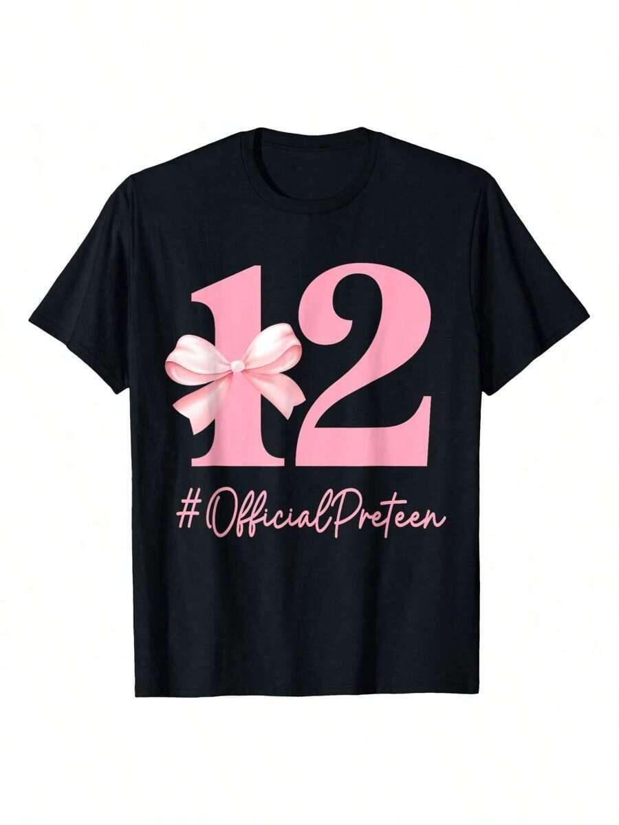 12 Official Pre-Teen 12th Birthday Girl Coquette 12 Year Old T-Shirt Women Unisex Men S Cotton Short Sleeve T-Shirt, Perfect For Summer Adventures, 100% Soft Fabric, Ideal For Sports, Work, And Relaxation Graphic Print Short Sleeves Summer Gift Simple Fashion T-Shirt ZYMCN TRADING LIMITED-4390-ZYMCN TRADING LIMITED - Black - View 1