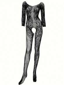 性感内衣女式提花连体衣长袜带透明开襟长袖黑色连体衣女式性感连体衣，连体衣长袜 - 彩色 - 查看 1