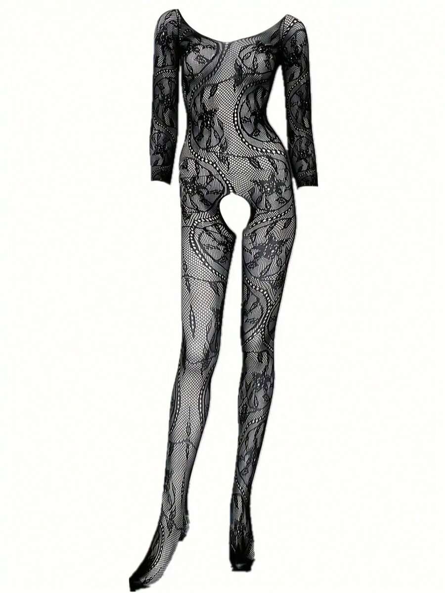 性感内衣女式提花连体衣长袜带透明开襟长袖黑色连体衣女式性感连体衣，连体衣长袜 - 彩色 - 查看 1