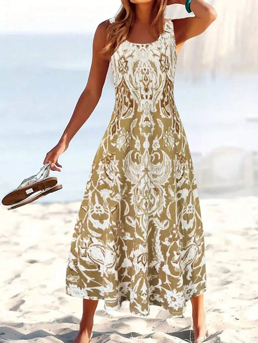 Plus Size Fashionable Printed Bohemian Style Pocket Summer Maxi Dress - Mustard Yellow - View 1