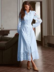 Simplee Women's Spring/Summer New Elegant Solid Color Hollow Lace Patchwork Button Decor Dress, Wedding Guest Dress, Vintage Style - Blue - View 7