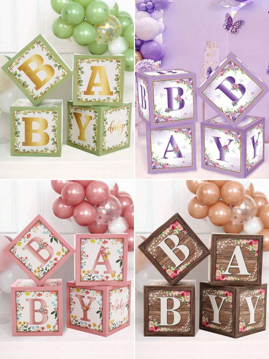 4pcs 27cm Babe Surprise Decoration Box, Including Green Leaves & Pink Flowers & Wooden Flower Box & Purple Butterfly Pattern, With B A B Y Letter Decoration, Baby Shower Decor Balloon Box, Gender Revealing Party Decoration Gift Box Photography Props Background Decoration Box, Birthday Decor Wedding Decor Home Decor Room Decor Background Decor Party Accessories, Birthday Gift Party Favor,Party Decor Photo Props - Baby Box - View 1