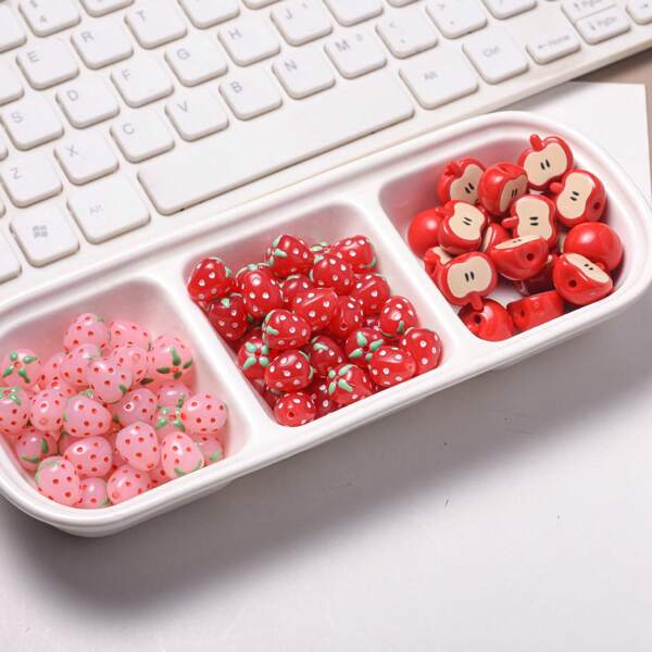 5pcs/15pcs/30pcs Fashionable Multicolor Acrylic Straight Hole Fruit Strawberry Beads For DIY Jewelry Making, Necklace, Bracelet, Handicraft Supplies