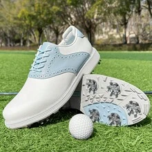Zapatos de golf profesionales para mujer para exteriores con tacos, zapatillas deportivas antideslizantes y duraderas, tenis deportivos con cordones y bloques de color - Azul - Ver 4