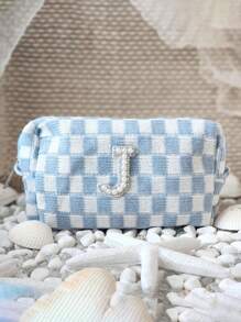 1pc Custom Initials Blue Checkered Cosmetic Bag | Last Toast On The Coast Bridesmaid Favors | Coastal Cowgirl | Bachelorette Beach Party