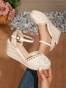 Women's Breathable Snap Button Cross Absorb Sweat Comfortable Linen Rope Fashionable Lightweight Wedge Shoes