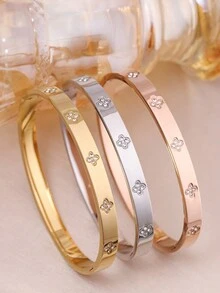 18K Gold Plated Stainless Steel Luxury Colorful Cubic Zirconia Bangle Bracelet, Fashion Jewelry For Women - Four Leaf Clover Bracelet - View 7