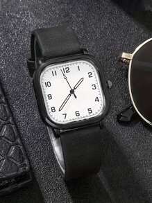 1 pieza Reloj de pulsera de cuarzo clásico y de moda para hombre con correa y esfera cuadrada, diseño minimalista casual, sin caja