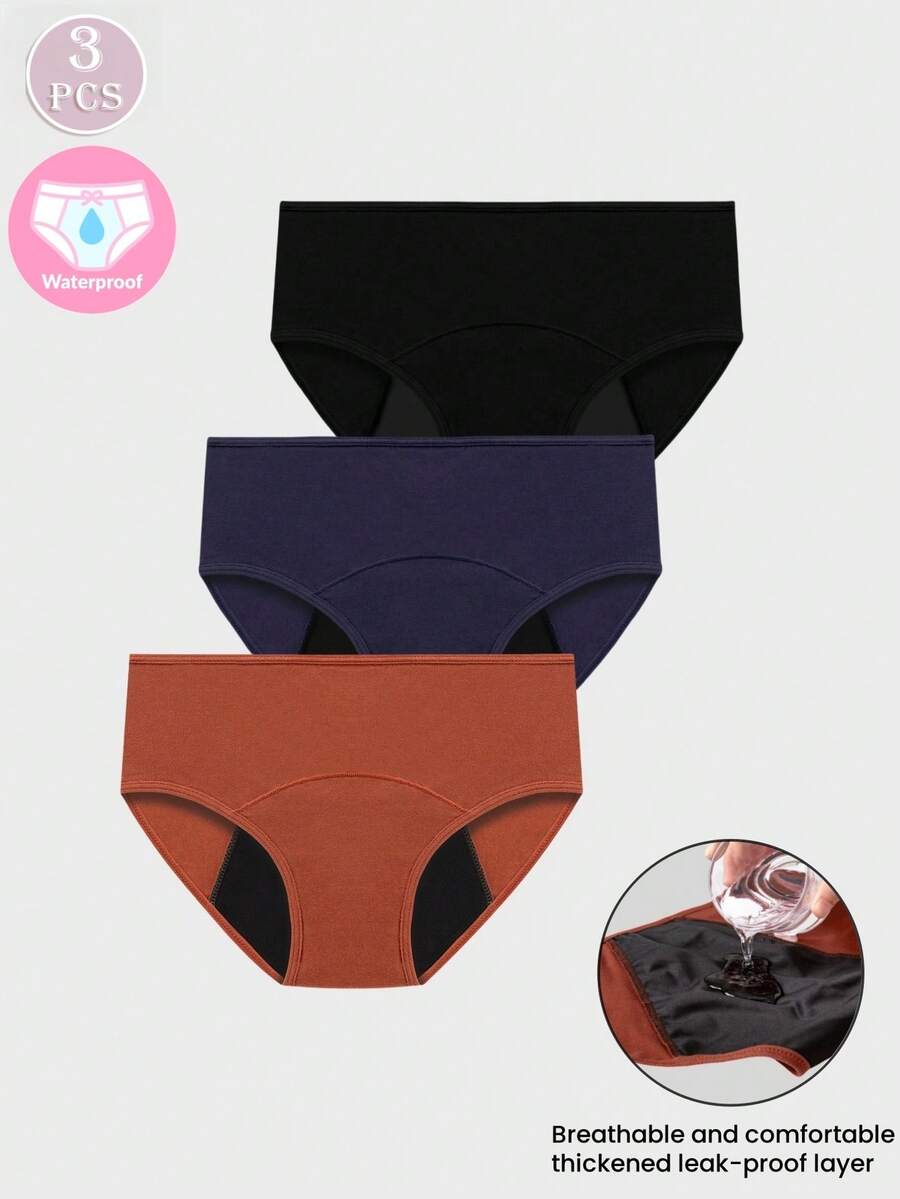 3pcs Women's Leak-Proof Menstrual Underwear, Solid Color Simple Breathable Panties - Multicolor - View 1