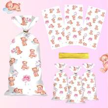 10 件/50 件/100 件粉色泰迪熊婴儿送礼袋，配金色扭结，适用于性别揭晓、婴儿送礼会、生日、沐浴派对、儿童节、婚礼、新娘送礼会、泰迪熊主题派对礼品袋、婴儿送礼会装饰、宝宝公告