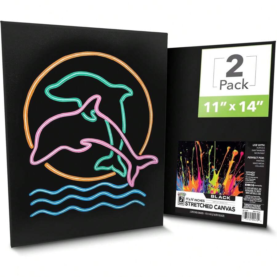 Black Canvas, Stretched Canvases For Painting, Supplies For Artists, 11x14, 2-Pack