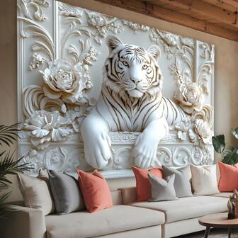 1 Pack 2D Backdrop Banner, White Tiger And Floral Polyester Background - Luxurious, Featherless Wall Decor Suitable For Living Room, Bedroom, Office, Party - Elegant Design, No Power Needed - Unique Gift Idea, Room Decoration