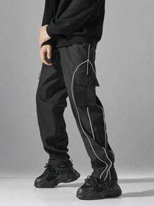 1 pièce Pantalon cargo ample droit avec rayures latérales pour garçons et adolescents, style décontracté, adapté pour l'entraînement et l'extérieur, idéal pour le printemps/l'été/l'automne
