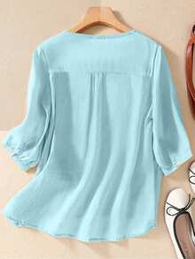Blusa holgada estilo vintage con bordado para mujer, de mangas medias, para primavera/verano - Celeste - Ver 7