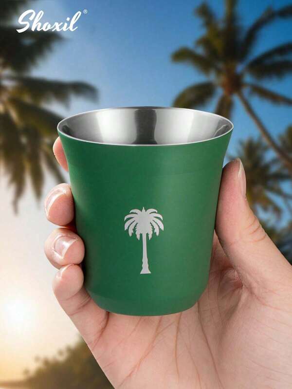1pc Palm Tree Green Cup, Saudi National Day Gift, Stainless Steel Espresso Cup, Coffee Cup, Coffee Mug, Double Wall Insulated Cup, Demitasse Cup, Kawa Cup, For Coffee, Latte,Tea, Milk