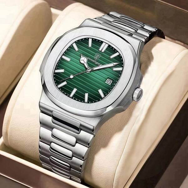 Men's Luxury Business Watch Gift 50M Water Resistant Square Green Dial Date Display Diamond Markers Luminous Silver Stainless Steel Strap High-Quality Japan Quartz Movement Premium Built-In Ultra-Long Battery Life For Dad Brother Partners Birthday Holidays Back To School Essentials