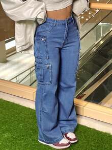 Jeans rectos de talla grande para mujer con bolsillos cargo