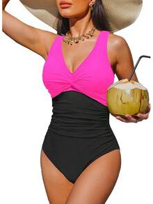 Women Tummy Control Swimsuit - Push Up Bathing Suit Full Coverage Slimming Swimwear - Hot Pink and Black - View 1