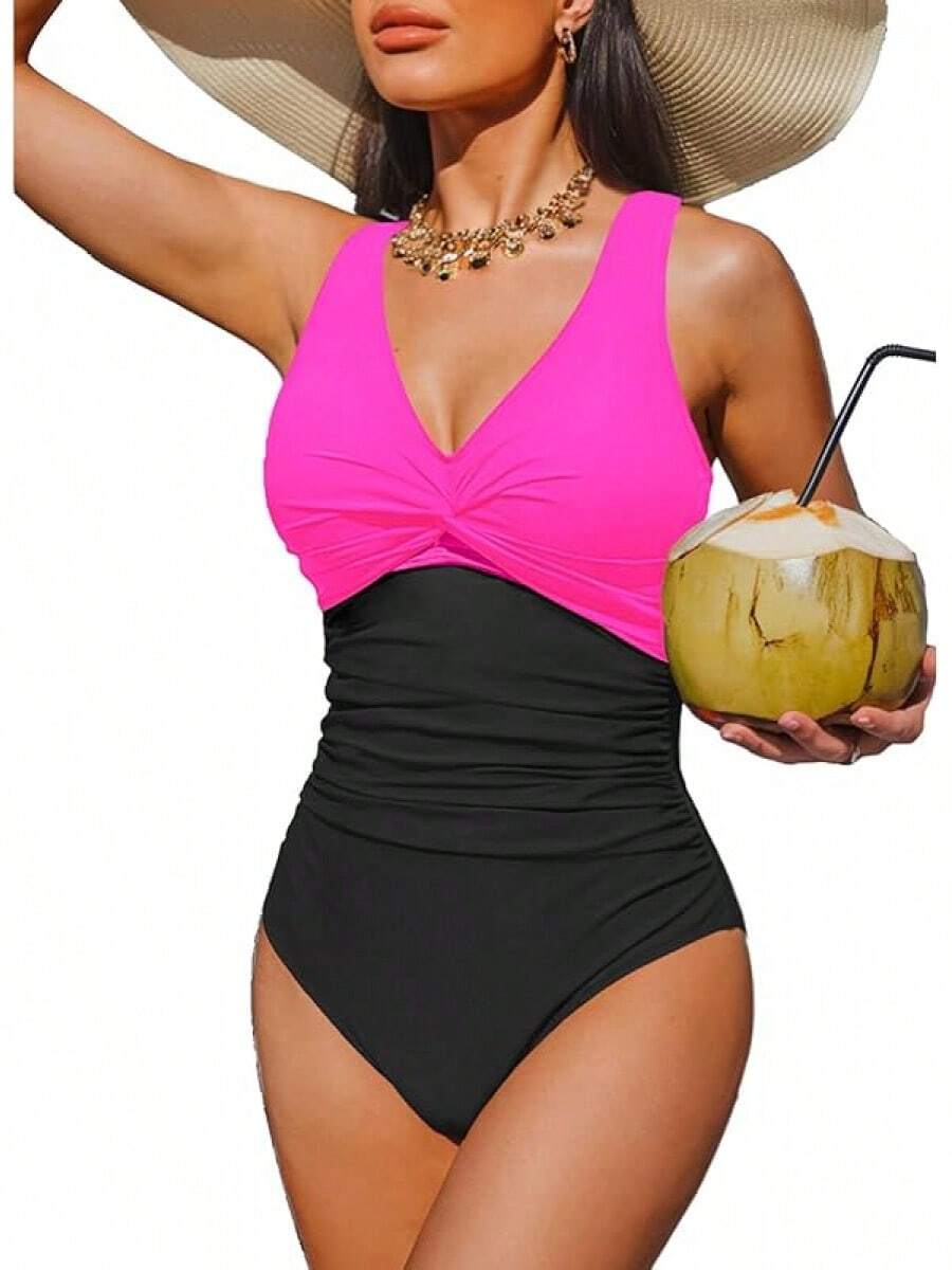 Women Tummy Control Swimsuit - Push Up Bathing Suit Full Coverage Slimming Swimwear - Hot Pink and Black - View 1