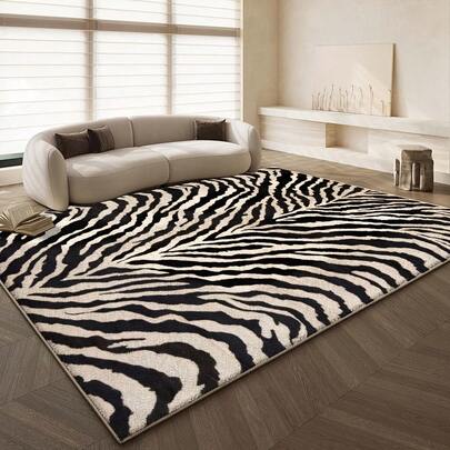 1 件斑马和长颈鹿印花装饰地毯，柔软的天鹅绒黄色和黑色斑马图案，现代室内美学地垫，复古抽象几何图案地毯，适用于客厅、卧室、办公室、简约房间装饰，天鹅绒材质