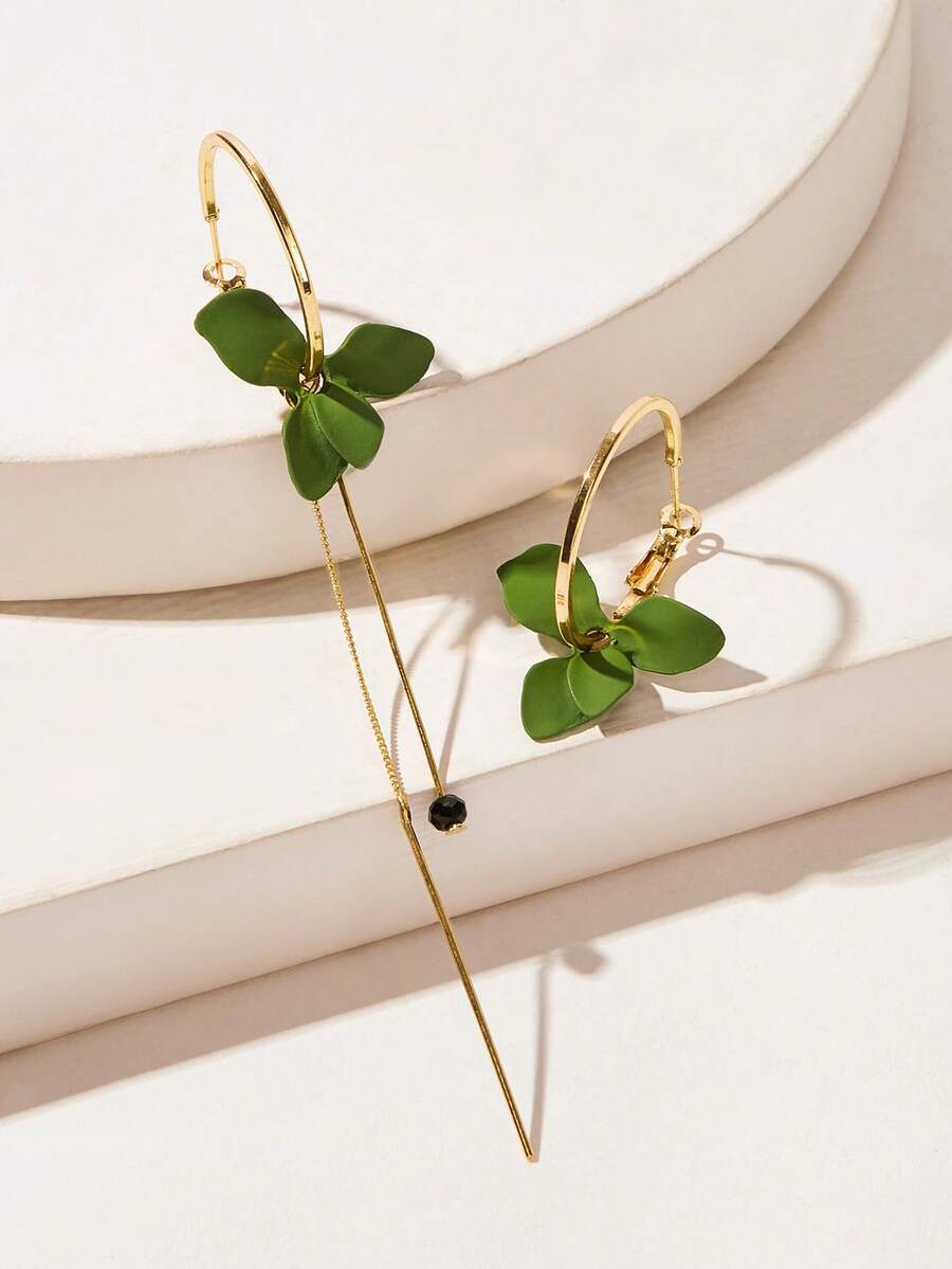 1 对不对称花瓣耳环，时尚几何圆形流苏耳环 - 綠色 - 查看 1